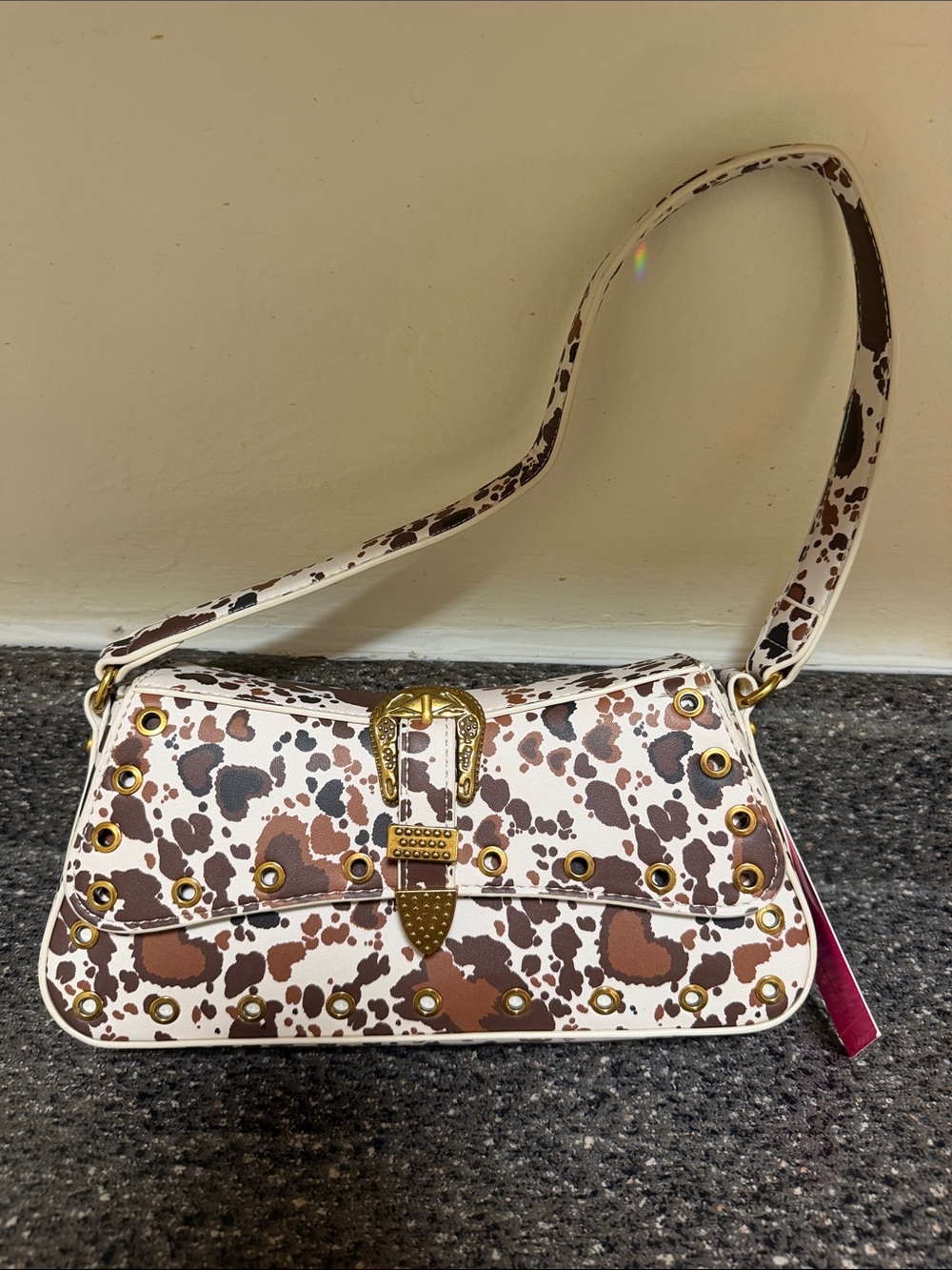Betsey Johnson White and Brown Cowhide-Print Shoulder Bag nwts.